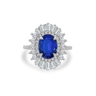 2.15ct Oval Cut Sapphire with Sunburst Halo  Lindsey Leigh Jewelry.
