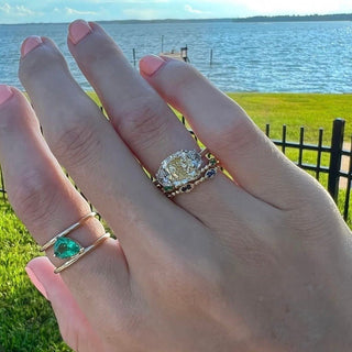 Cushion Cut Yellow Diamond with Half Moon Cut Side Stones  Lindsey Leigh Jewelry.
