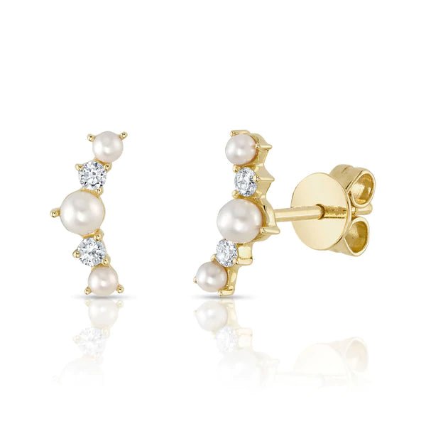 Alternating Diamond & Pearl Curved Bar Studs - Lindsey Leigh Jewelry
