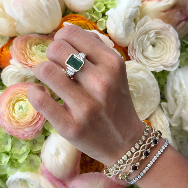 Bezel Set Emerald Cut Emerald with Double Baguette Side Stones - Lindsey Leigh Jewelry