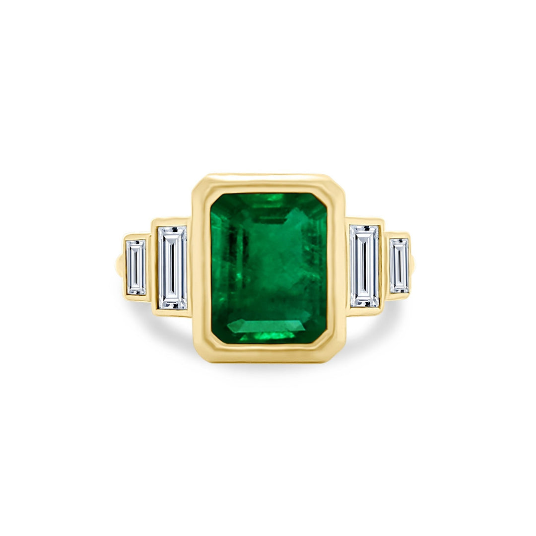 Bezel Set Emerald Cut Emerald with Double Baguette Side Stones - Lindsey Leigh Jewelry