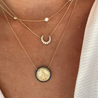 Blue Sapphire Halo Miraculous Medal  Lindsey Leigh Jewelry.
