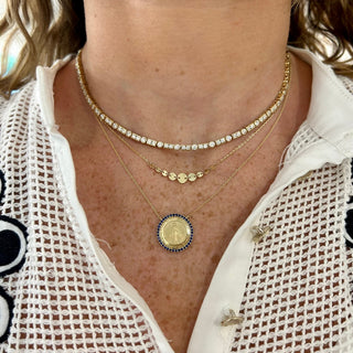 Blue Sapphire Halo Miraculous Medal  Lindsey Leigh Jewelry.
