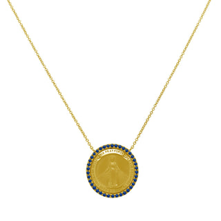 Blue Sapphire Halo Miraculous Medal  Lindsey Leigh Jewelry.
