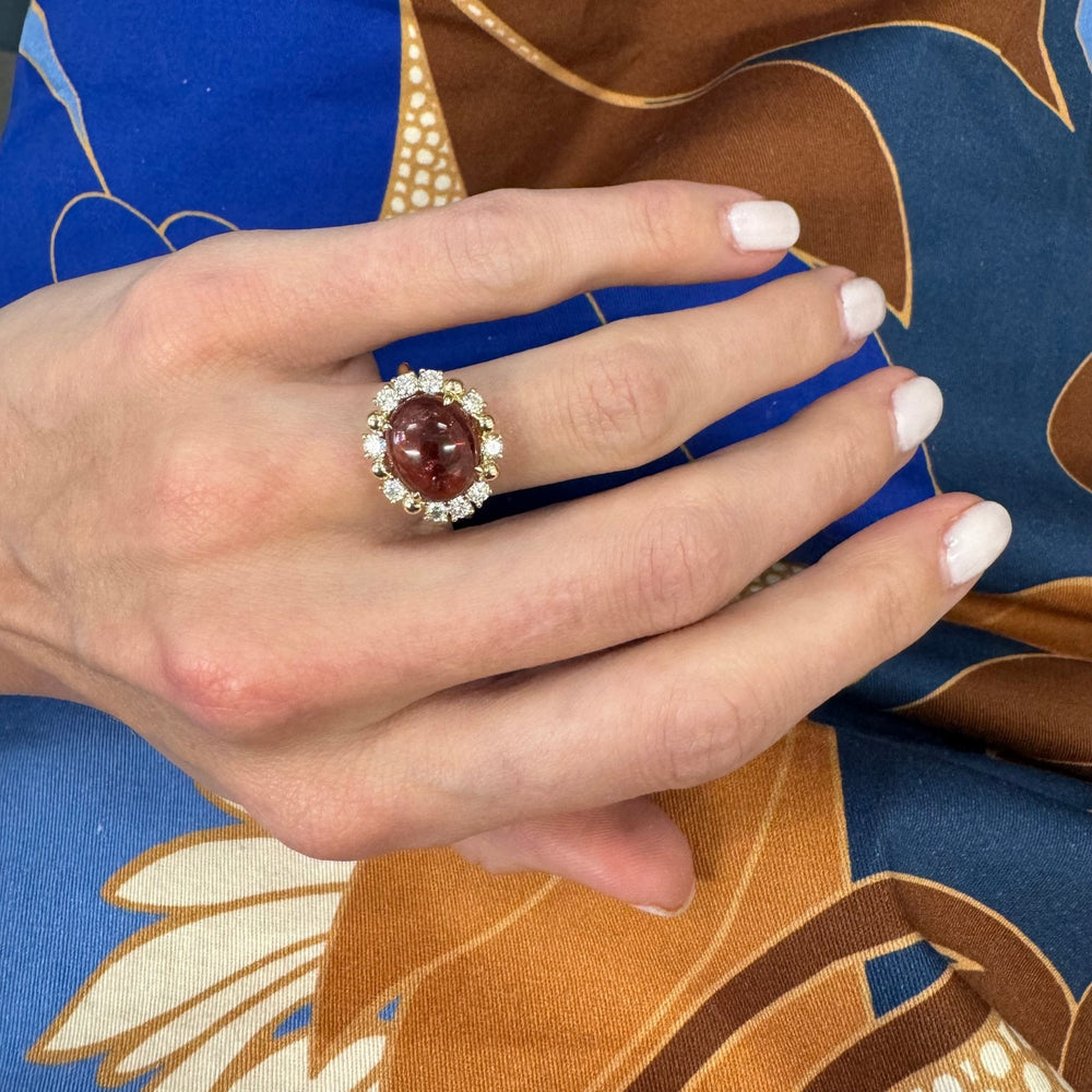 Cabochon Pink Tourmaline & Diamond Halo Ring - Lindsey Leigh Jewelry