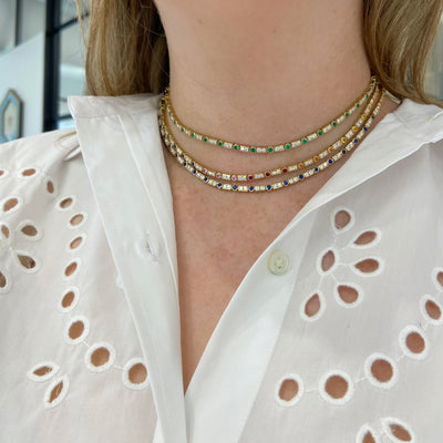 Diamond & Gemstone Bezel Art Deco Tennis Necklace - Lindsey Leigh Jewelry