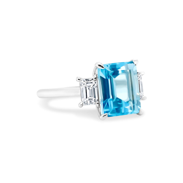 Emerald Cut Aquamarine with Side Emerald Diamonds - Lindsey Leigh Jewelry