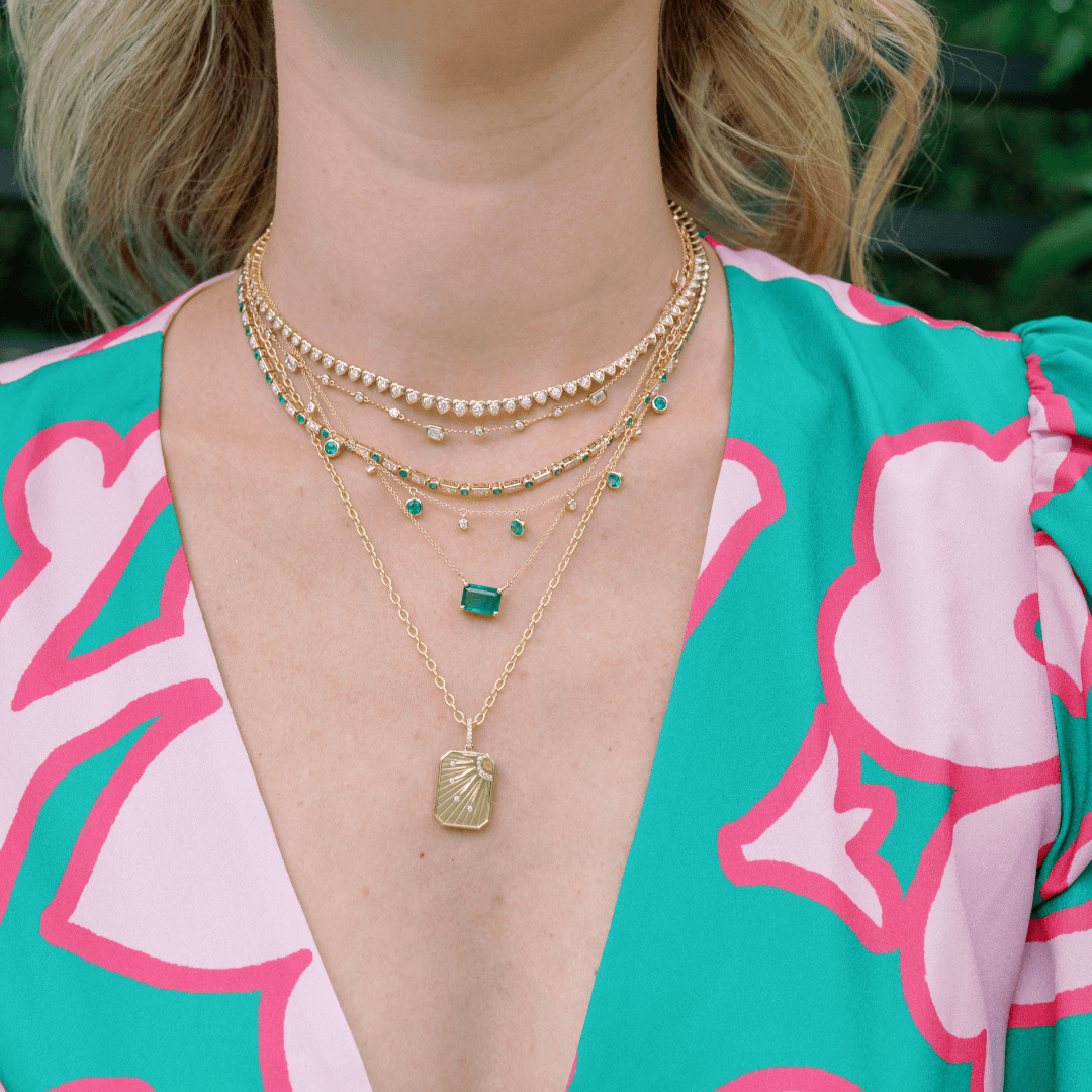 Emerald & Diamond Bezel Dangle Necklace - Lindsey Leigh Jewelry