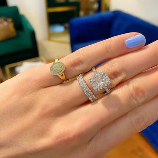 Emerald Cut Solitaire with Halo on Diamond Band  Lindsey Leigh Jewelry.
