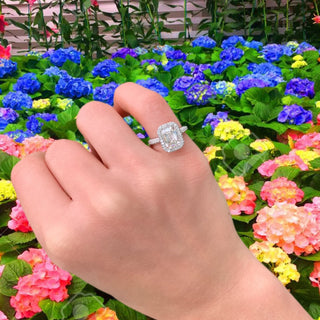 Emerald Cut Solitaire with Halo on Diamond Band  Lindsey Leigh Jewelry.
