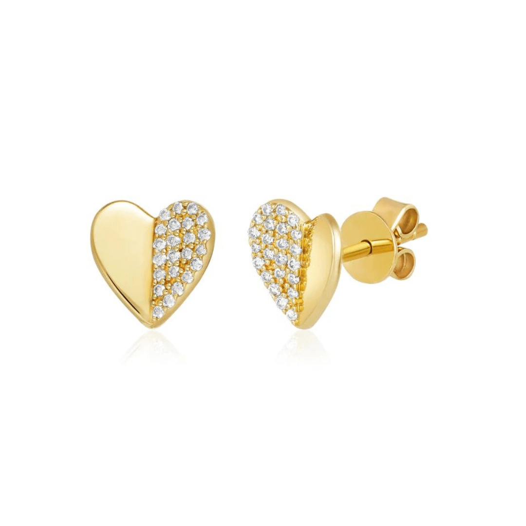 Half Pave Folded Heart Studs - Lindsey Leigh Jewelry