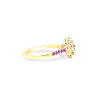 Heart Cut Solitaire with Halo on Gemstone Band  Lindsey Leigh Jewelry.
