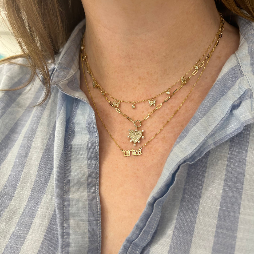 Paper Clip Diamond & Pearl Heart Necklace