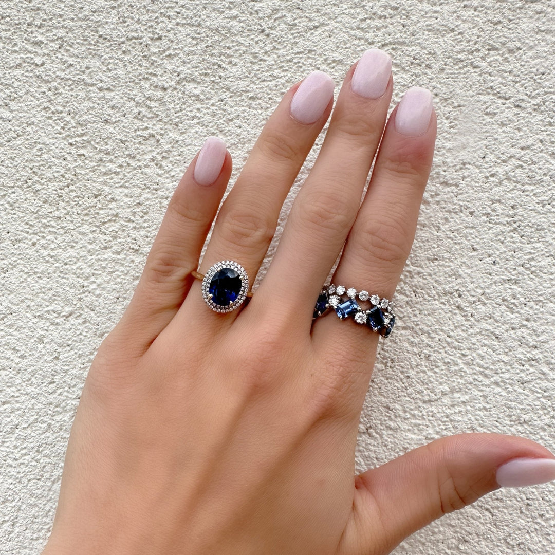 Oval Cut Blue Sapphire with Dainty Double Diamond Halo - Lindsey Leigh Jewelry
