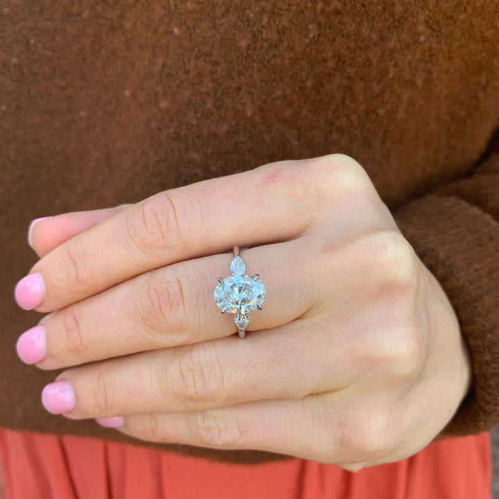 Oval Diamond with Pear Side Stones - Lindsey Leigh Jewelry