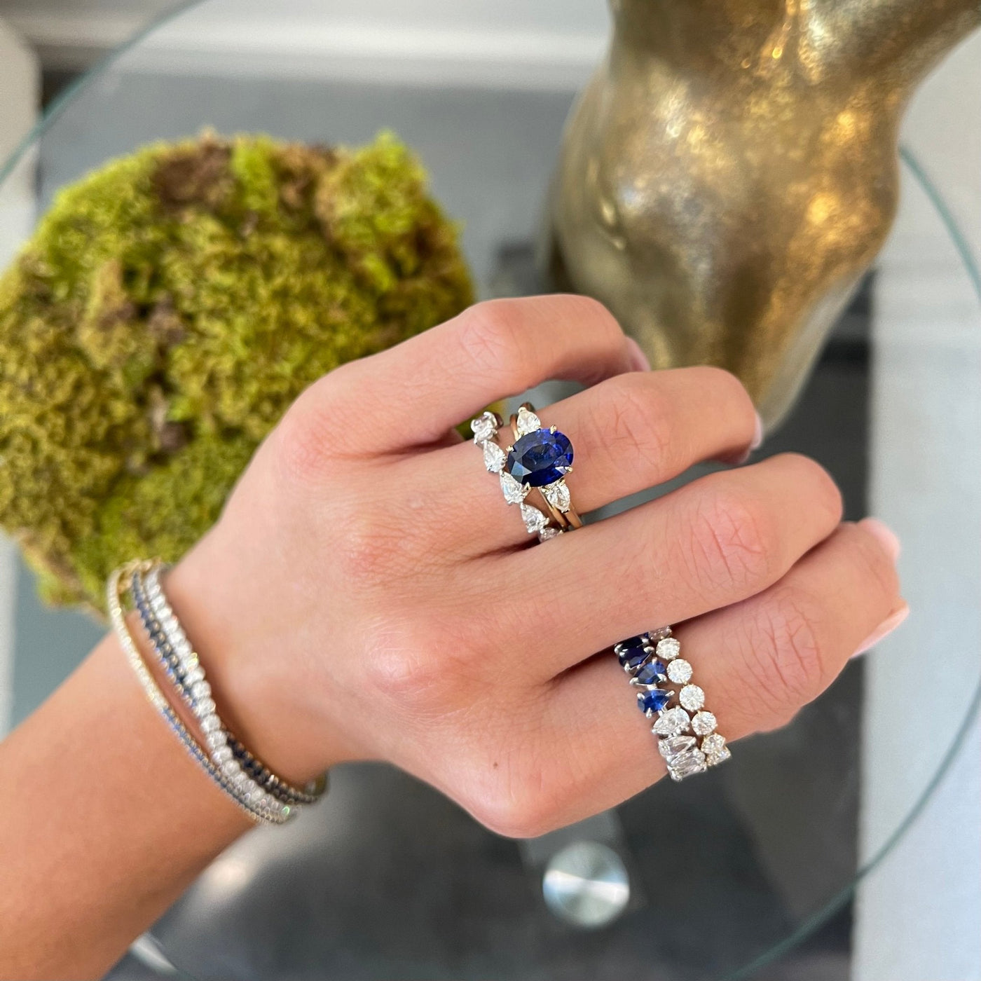 Oval Sapphire with Diamond Side Pears - Lindsey Leigh Jewelry