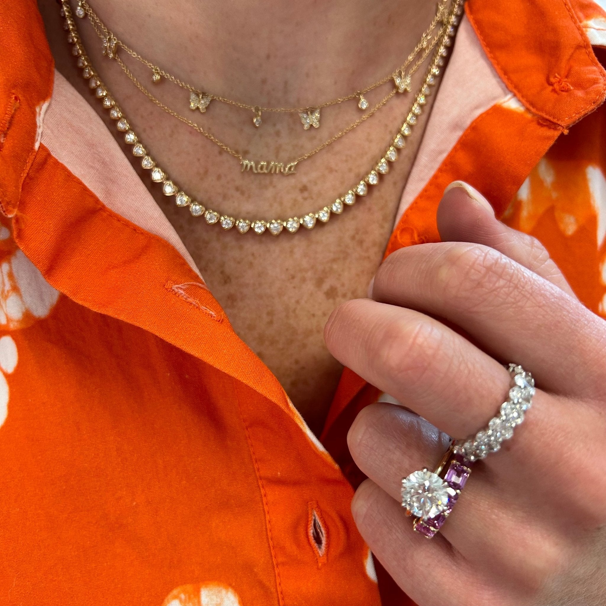 14kt gold pink sapphire heart bezel half tennis necklace | Luna Skye