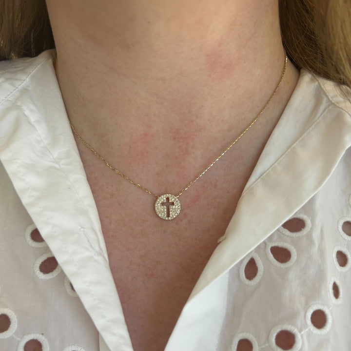 Pave Disc Cross Necklace - Lindsey Leigh Jewelry