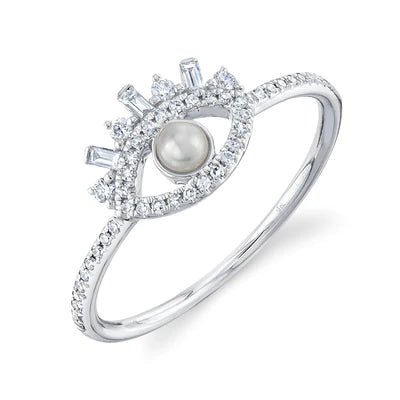 Pearl & Diamond Evil Eye Ring - Lindsey Leigh Jewelry