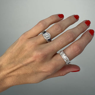 Round with Halo and Half Moon Cut Side Stones  Lindsey Leigh Jewelry.
