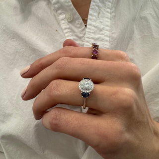 Round with Halo and Half Moon Cut Side Stones  Lindsey Leigh Jewelry.
