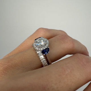 Round with Halo and Half Moon Cut Side Stones  Lindsey Leigh Jewelry.
