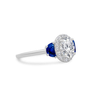 Round with Halo and Half Moon Cut Side Stones  Lindsey Leigh Jewelry.
