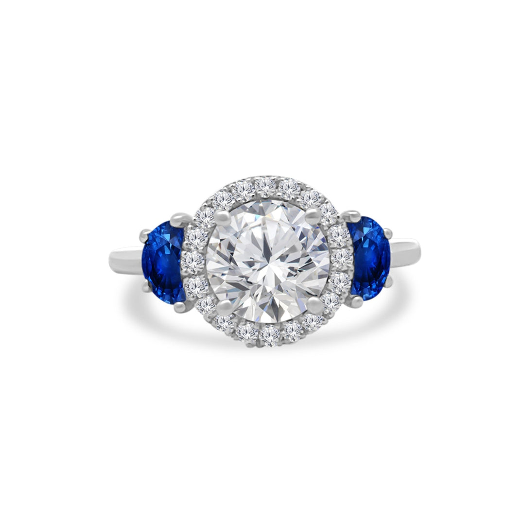 Round Diamond with Halo and Sapphire Half Moon Side Stones - Lindsey Leigh Jewelry
