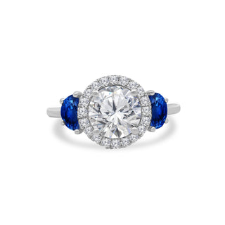 Round with Halo and Half Moon Cut Side Stones  Lindsey Leigh Jewelry.
