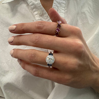 Round with Halo and Half Moon Cut Side Stones  Lindsey Leigh Jewelry.
