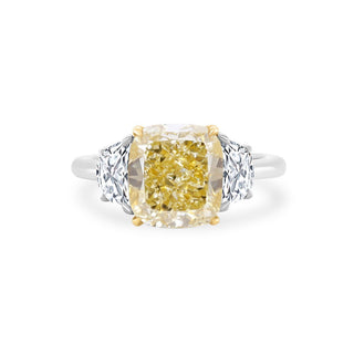 Cushion Cut Yellow Diamond with Half Moon Cut Side Stones  Lindsey Leigh Jewelry.

